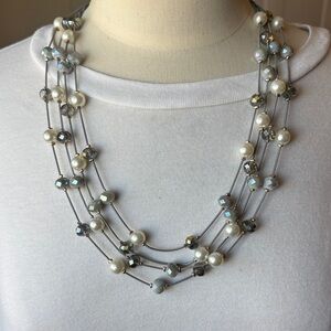 Buckle Multi-Strand Pearl and Faceted Crystal Necklace in White and Gray